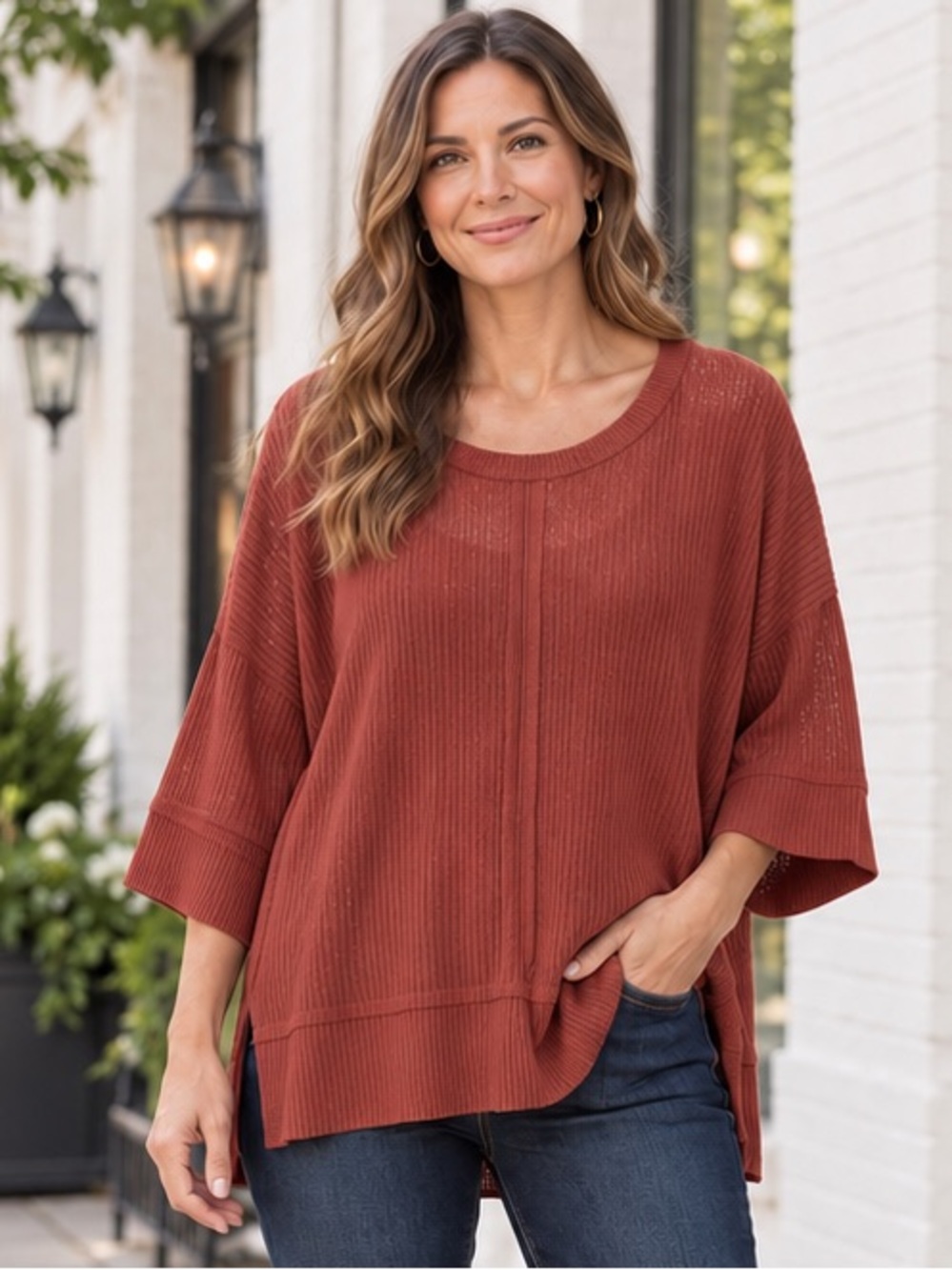 NEW Umgee Burnt Orange Brick Red Oversize Short Sleeve Lightweight T-Shirt Shirt